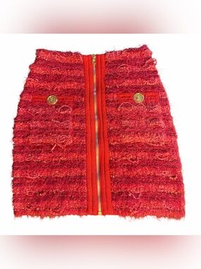 Balmain Red Tweed Front-Zip Mini Skirt with Gold Buttons